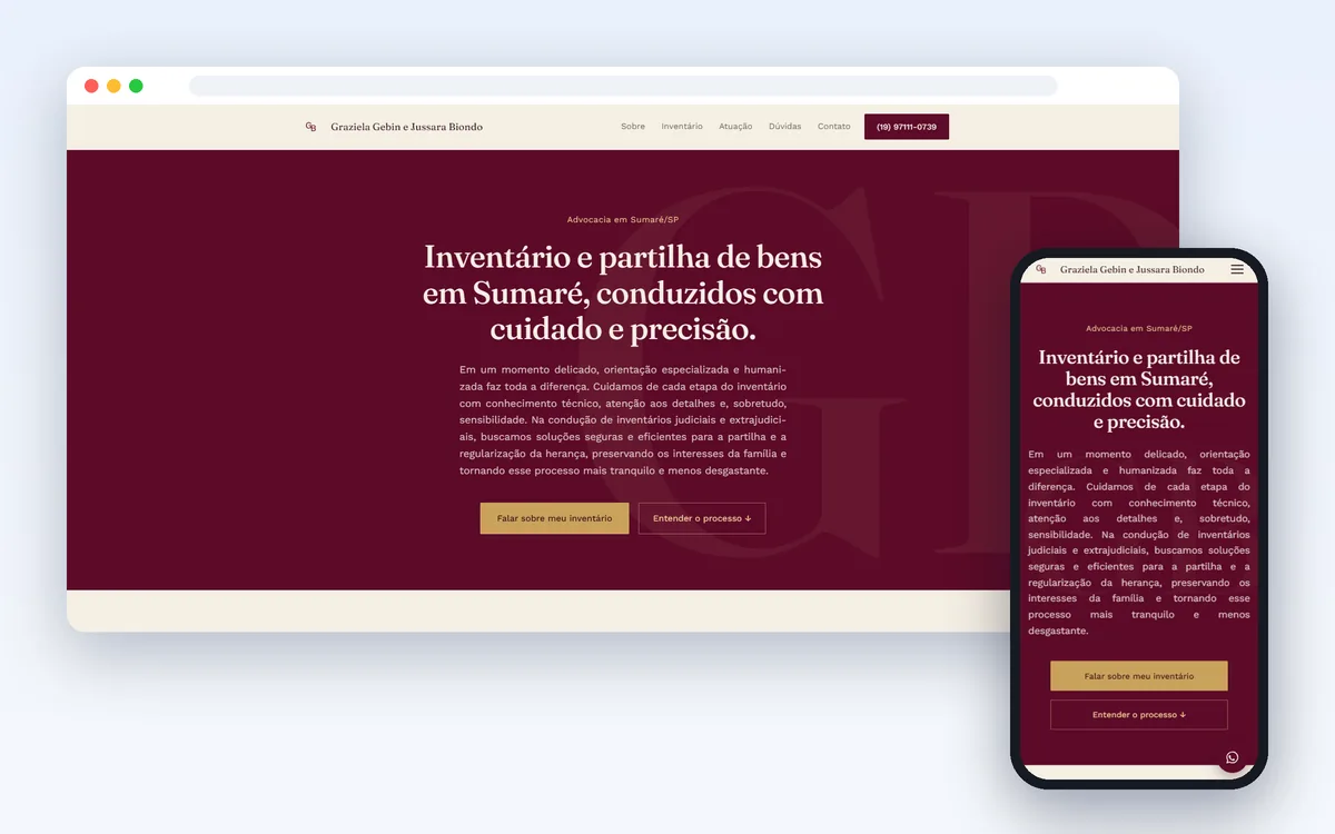 Site da GB Advogadas, escritório de inventário em Sumaré, no computador e no celular